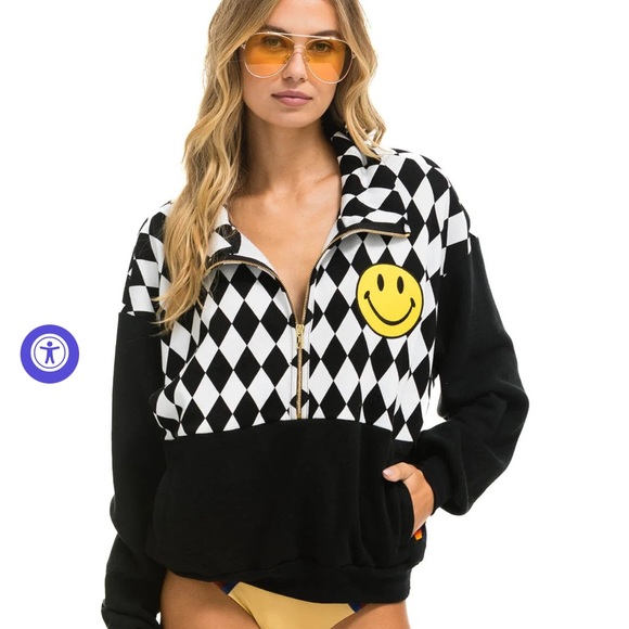 DIAMOND SMILEY 2 EMBROIDERY FLEECE HALF ZIP SWEATSHIRT - BLACK // WHITE - Picture 5 of 5